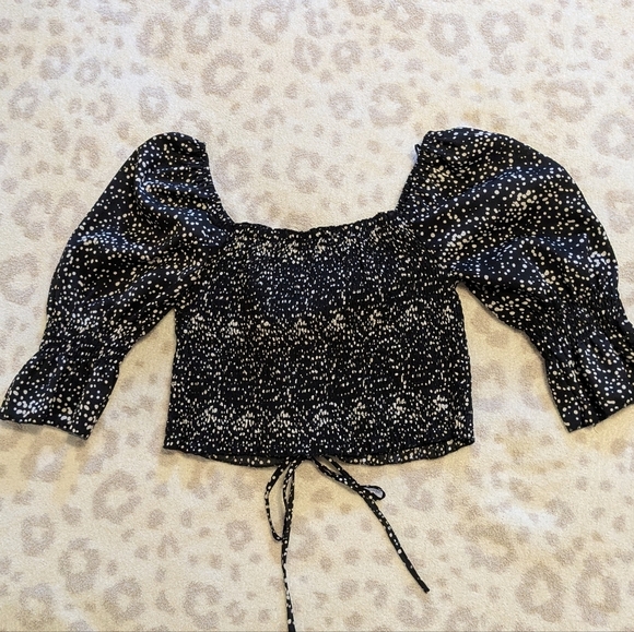 Puff Sleeve Shirred Ruched Black and White Polka Dot Cropped Blouse Tie Front S - Picture 4 of 6